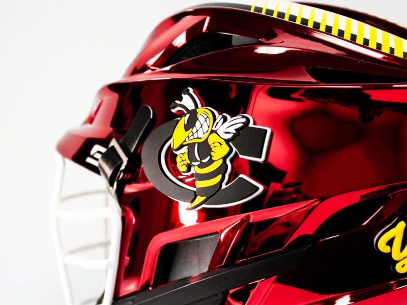 Bee mascot 3d lacrosse sticker on chrome red helmet