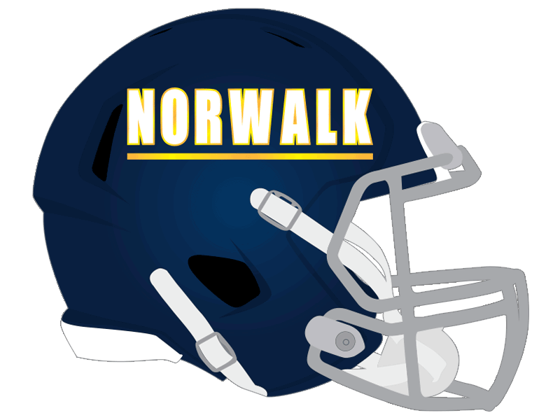 norwalk text on navy football helmet with gray face mask