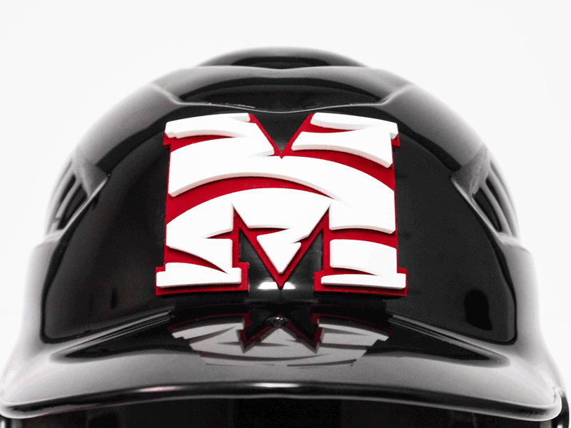 black batting helmet with M dimensional tiger print 3d helmet decal in red white