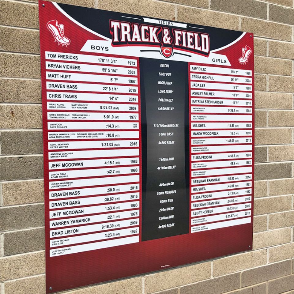 track and field record board on school wall.